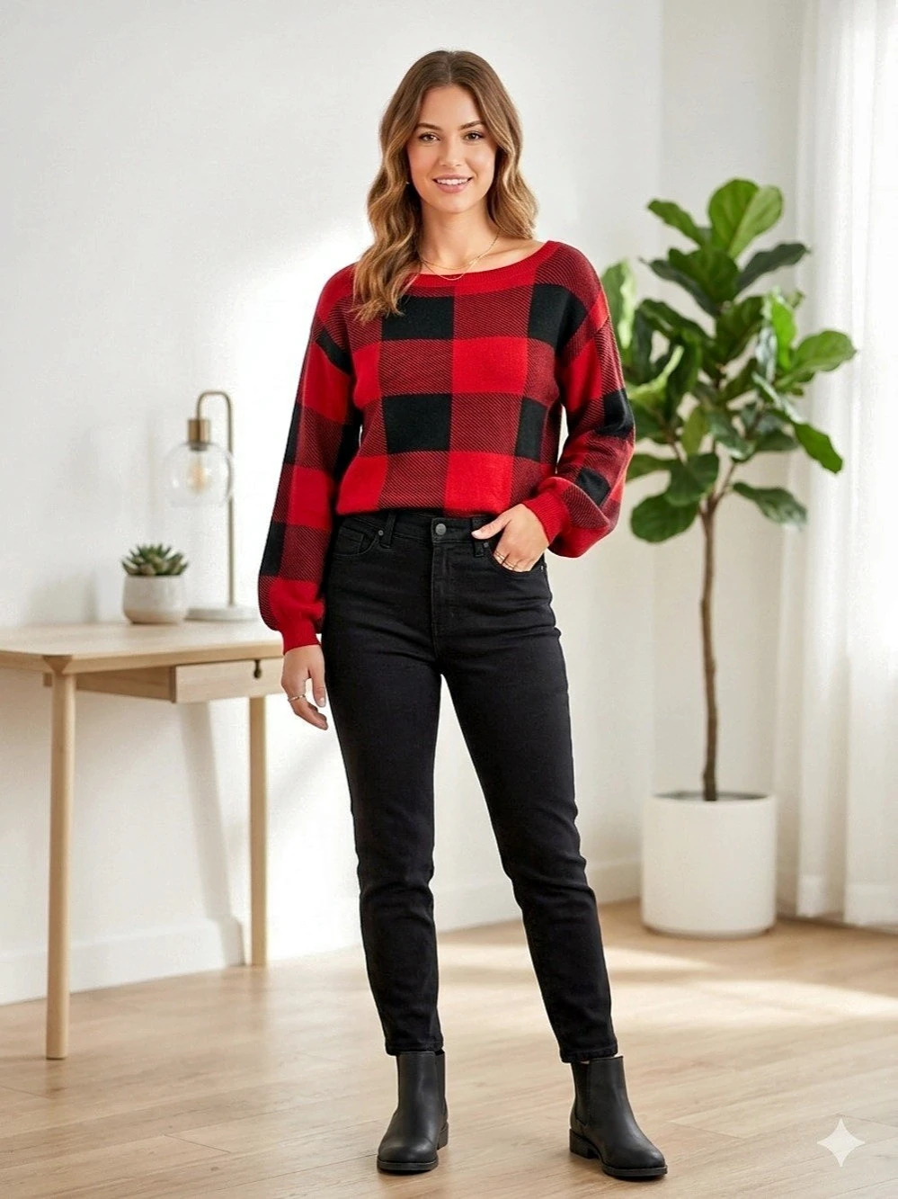 Cato Buffalo Check Cozy Balloon Sleeve Sweater M